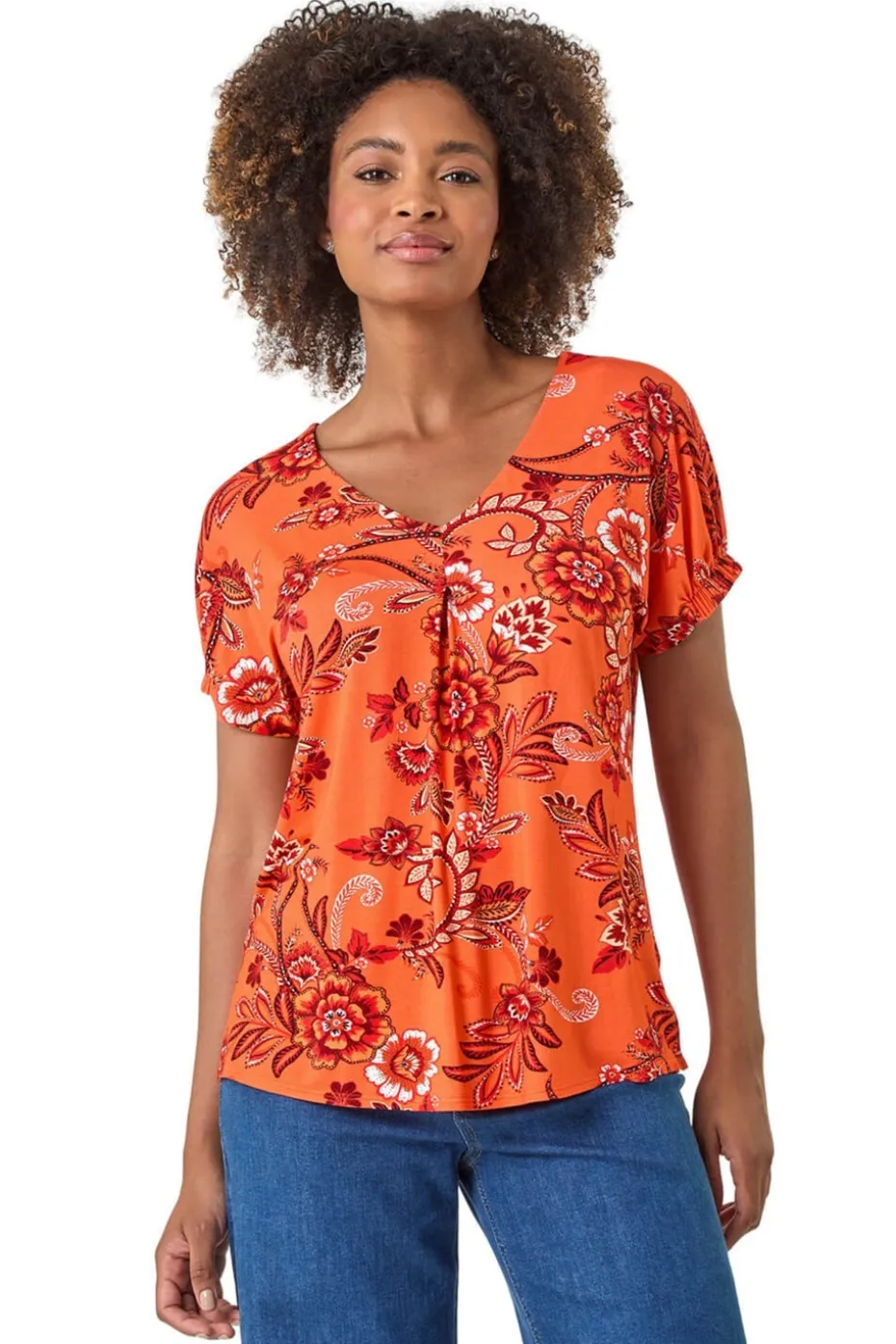 Roman Orange Floral Print Pleat Front Top