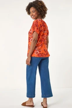 Roman Orange Floral Print Pleat Front Top