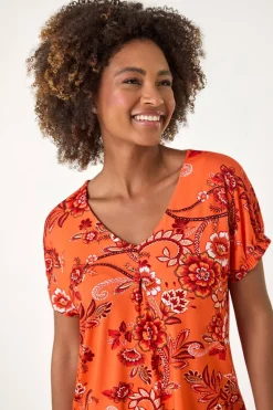 Roman Orange Floral Print Pleat Front Top