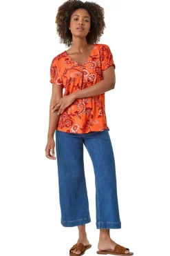 Roman Orange Floral Print Pleat Front Top