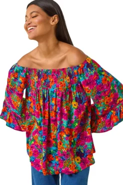 Roman Orange Floral Print Bardot Top