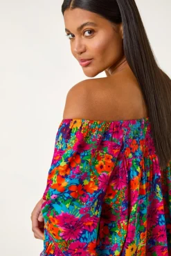 Roman Orange Floral Print Bardot Top