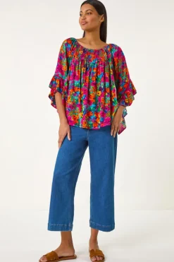 Roman Orange Floral Print Bardot Top