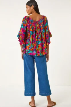 Roman Orange Floral Print Bardot Top