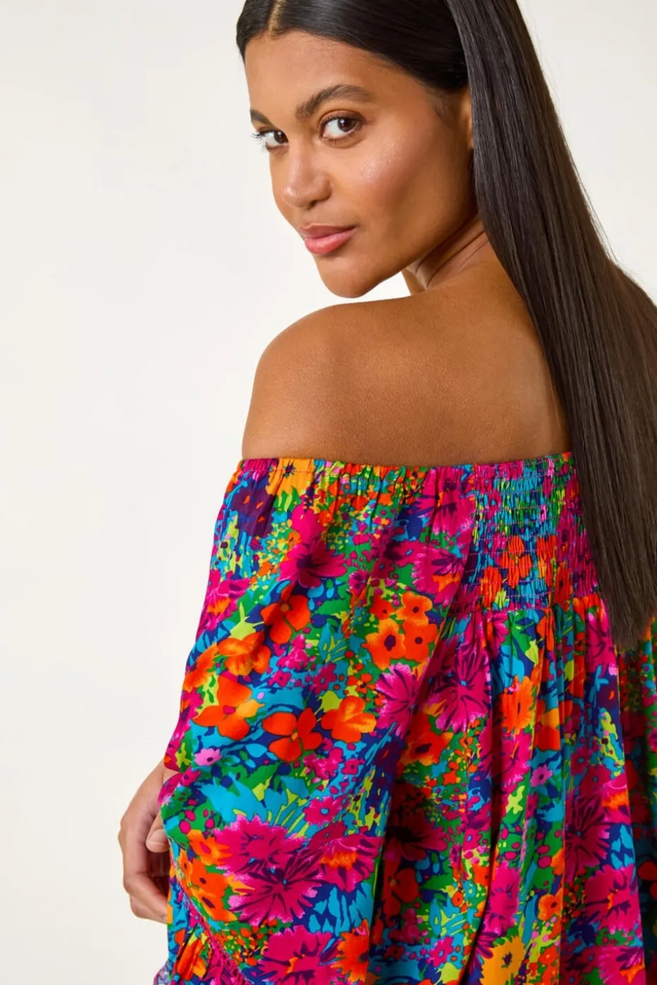 Roman Orange Floral Print Bardot Top