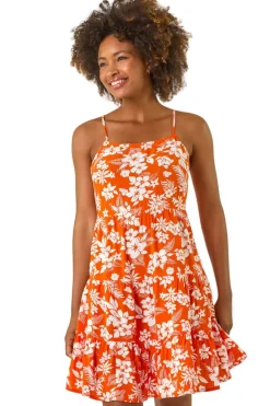 Roman Orange Floral Print Strappy Sundress