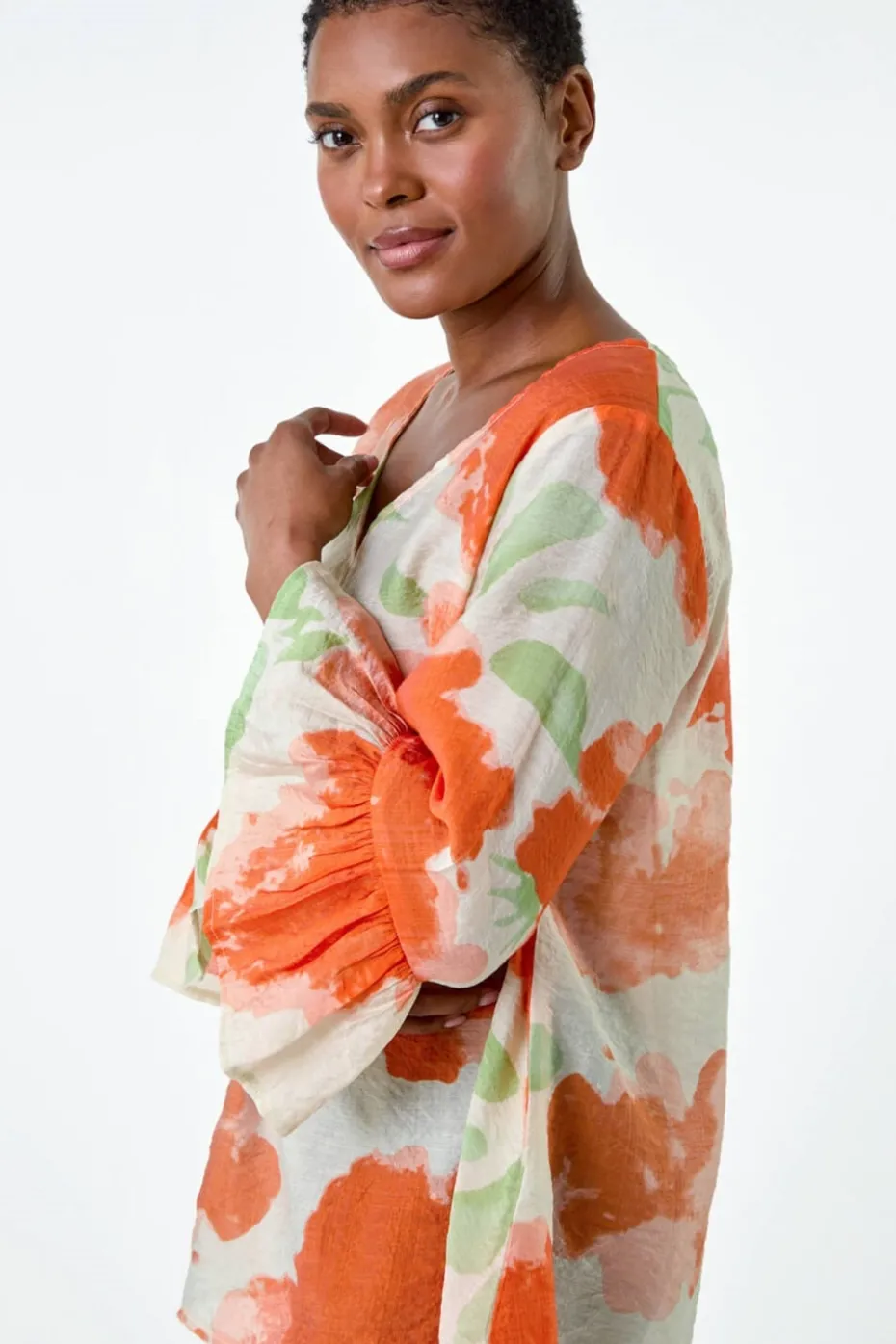 Roman Orange Floral Print Frill Sleeve Top