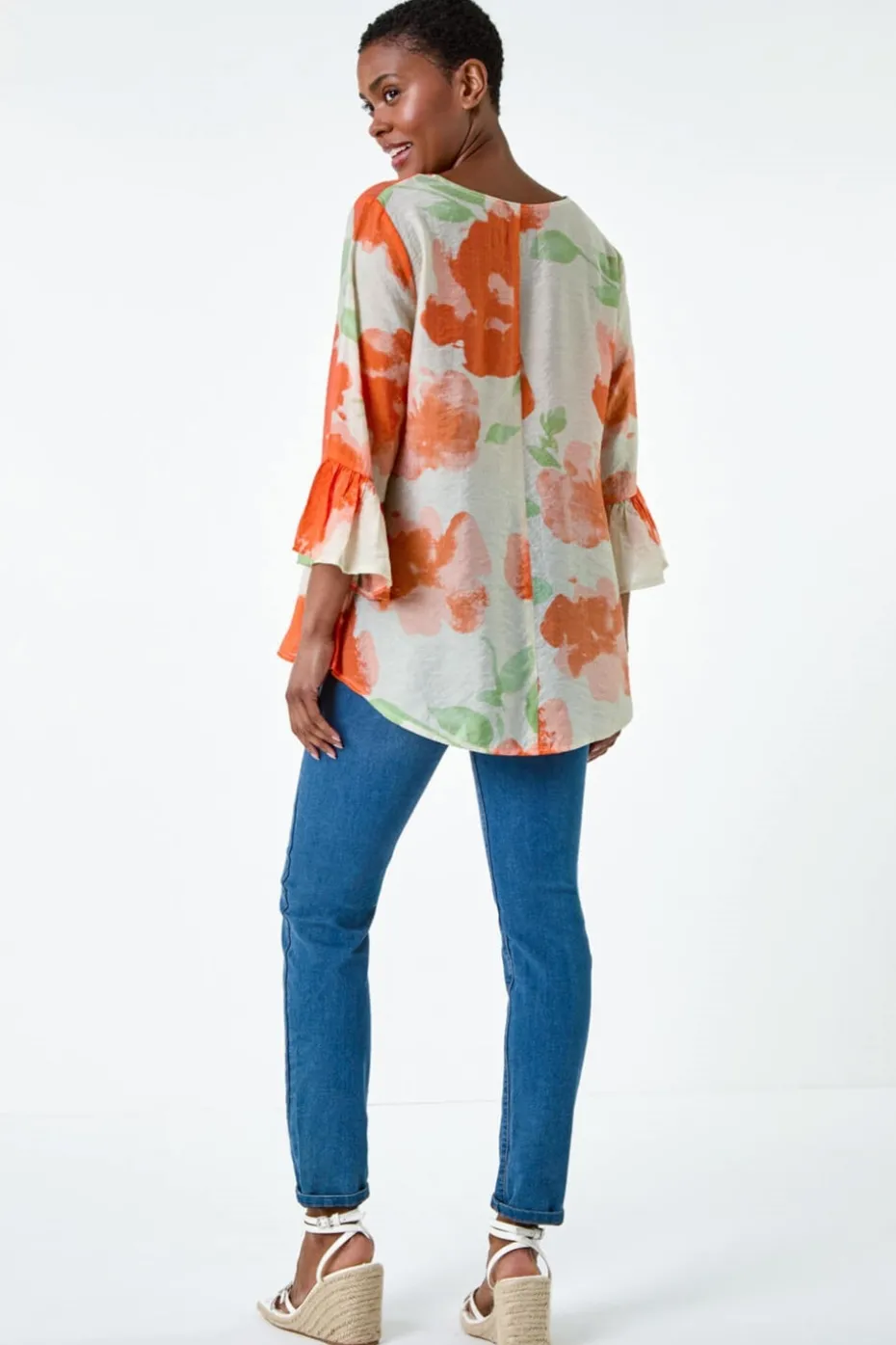 Roman Orange Floral Print Frill Sleeve Top