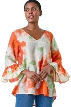 Roman Orange Floral Print Frill Sleeve Top