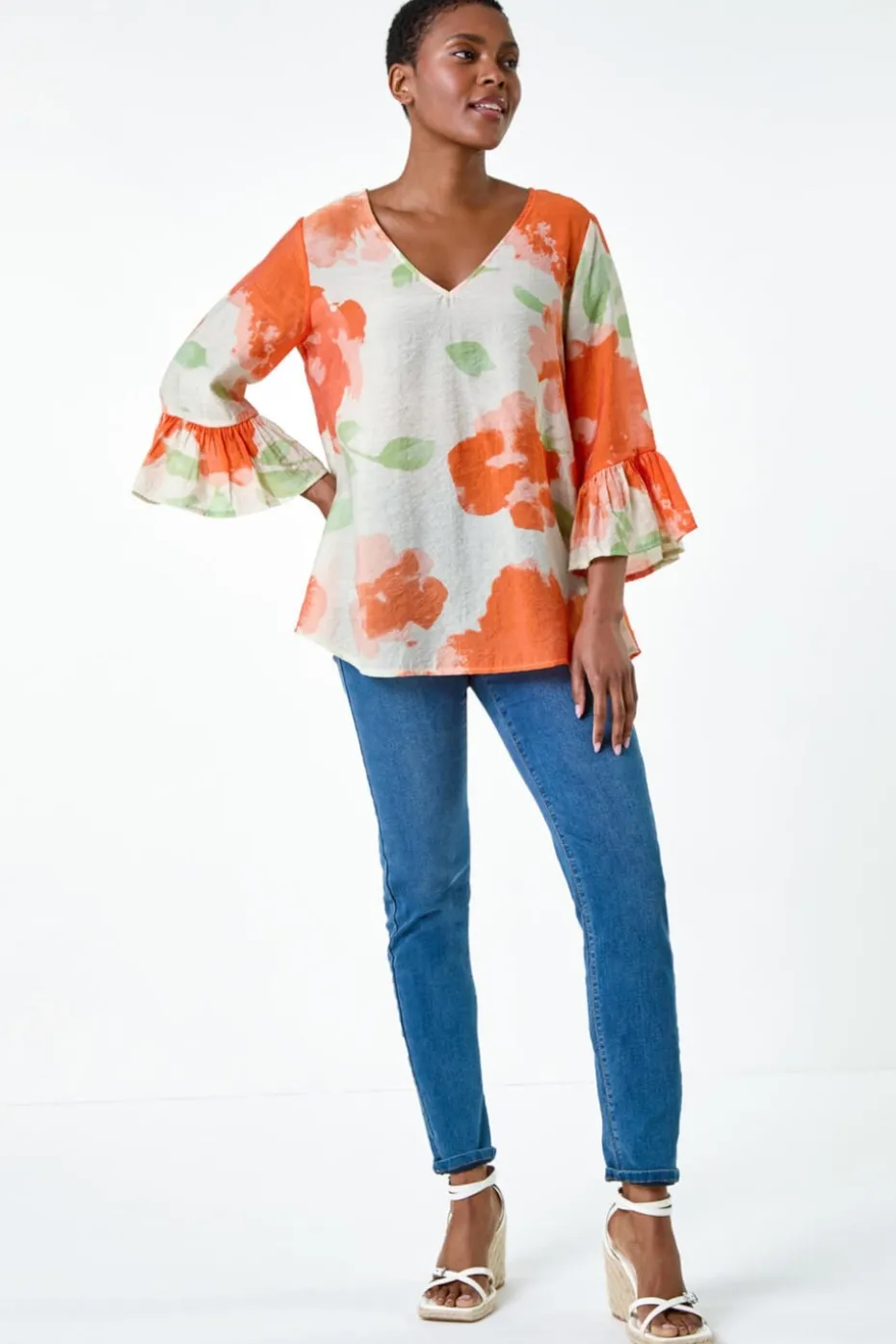 Roman Orange Floral Print Frill Sleeve Top