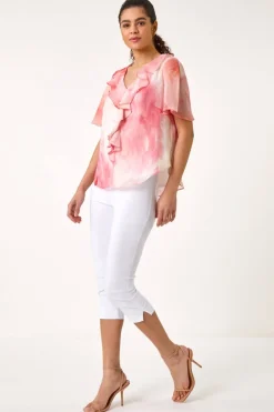 Roman Orange Floral Ruffle Front Top