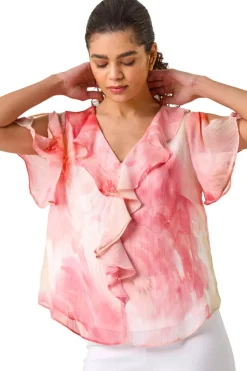 Roman Orange Floral Ruffle Front Top