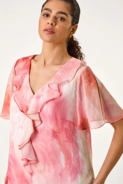 Roman Orange Floral Ruffle Front Top