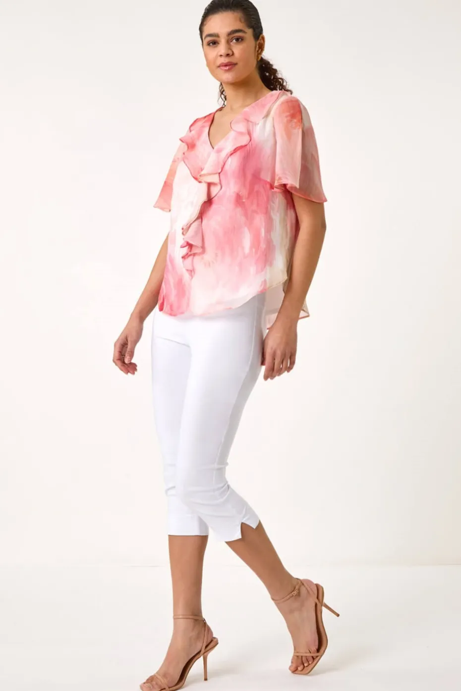 Roman Orange Floral Ruffle Front Top