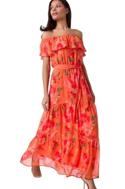 Roman Orange Floral Tiered Bardot Belted Dress