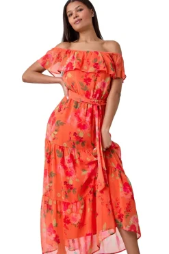 Roman Orange Floral Tiered Bardot Belted Dress