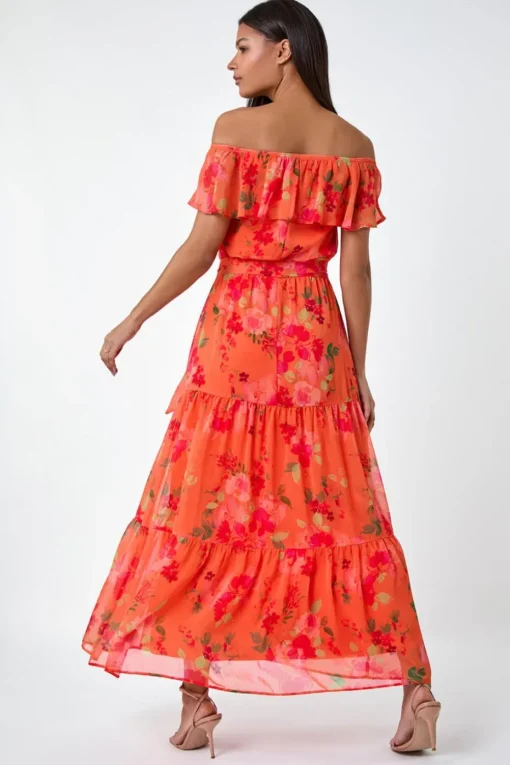 Roman Orange Floral Tiered Bardot Belted Dress
