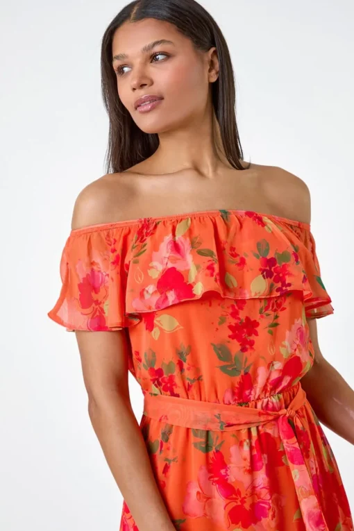 Roman Orange Floral Tiered Bardot Belted Dress