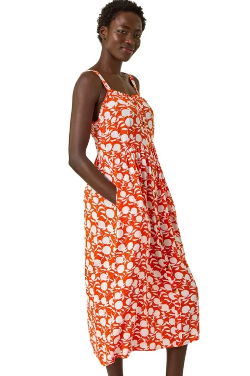Roman Orange Fruit Print Midi Sundress