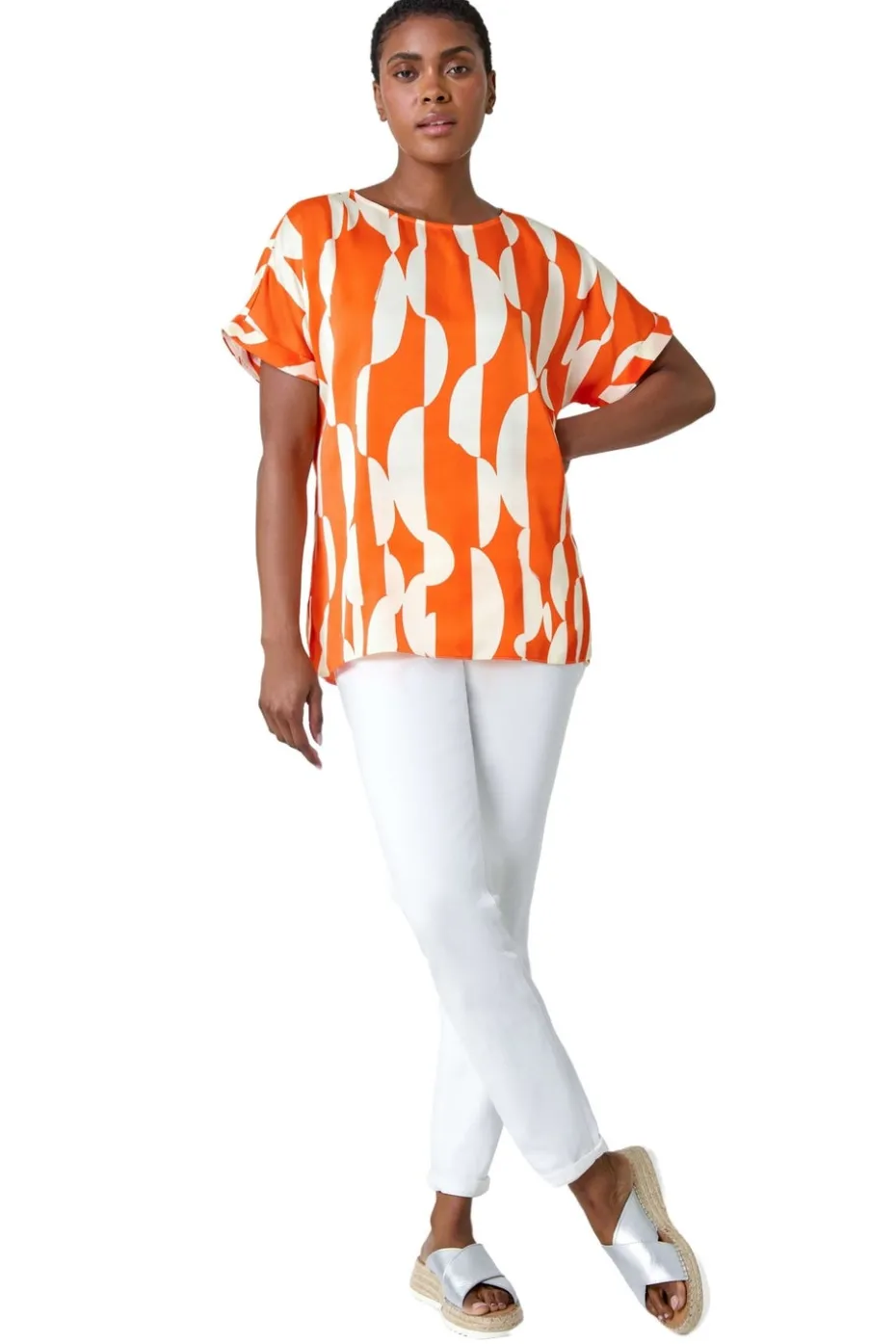 Roman Orange Geometric Print Woven Top