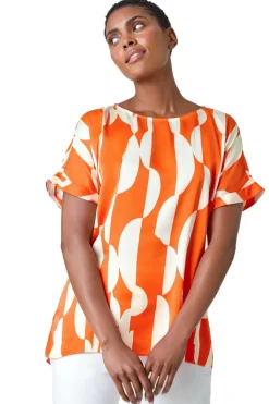 Roman Orange Geometric Print Woven Top