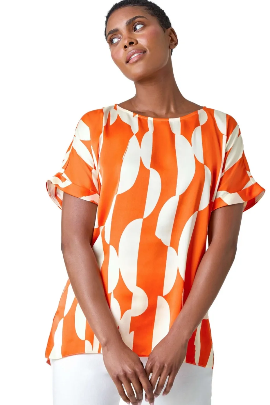 Roman Orange Geometric Print Woven Top
