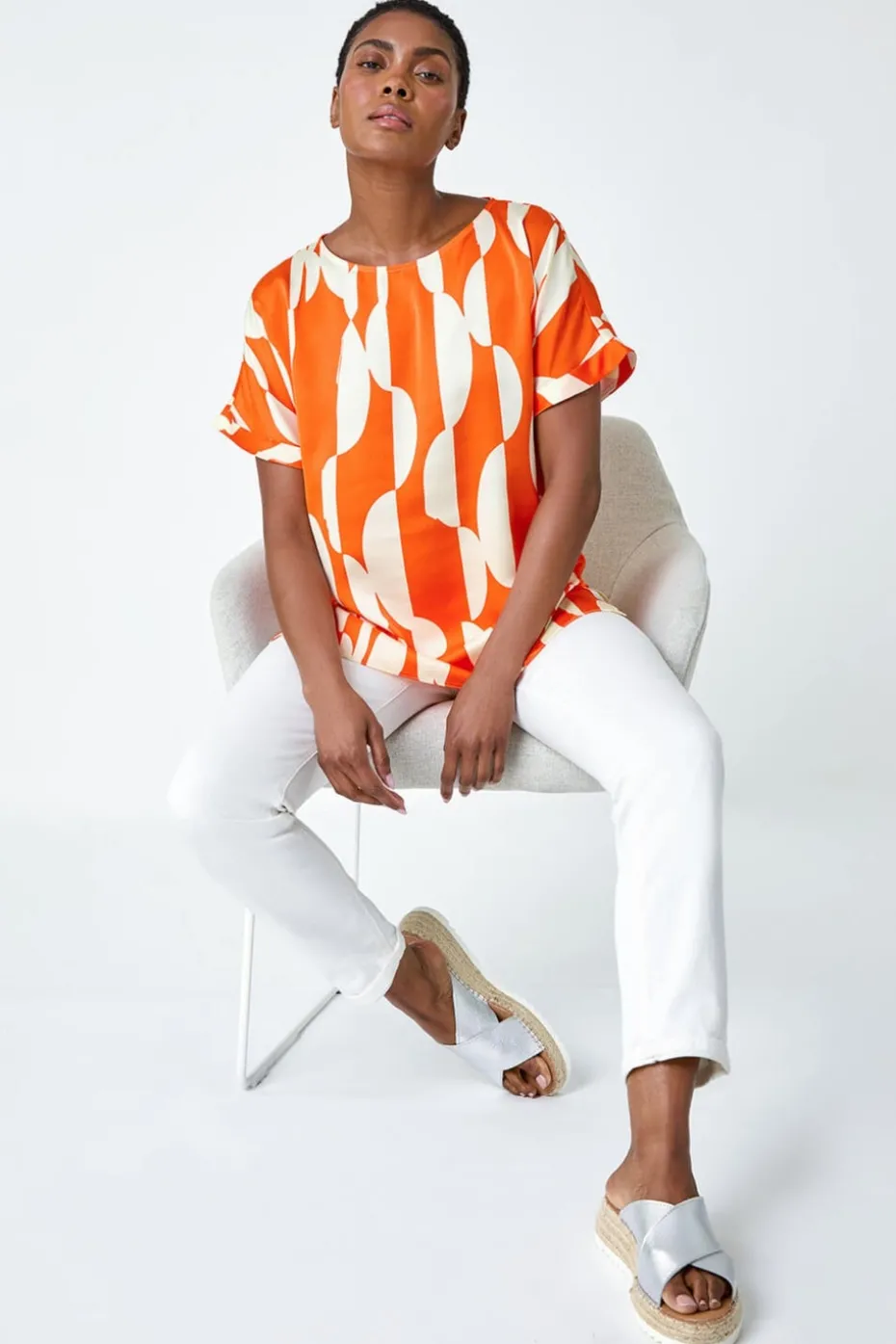 Roman Orange Geometric Print Woven Top