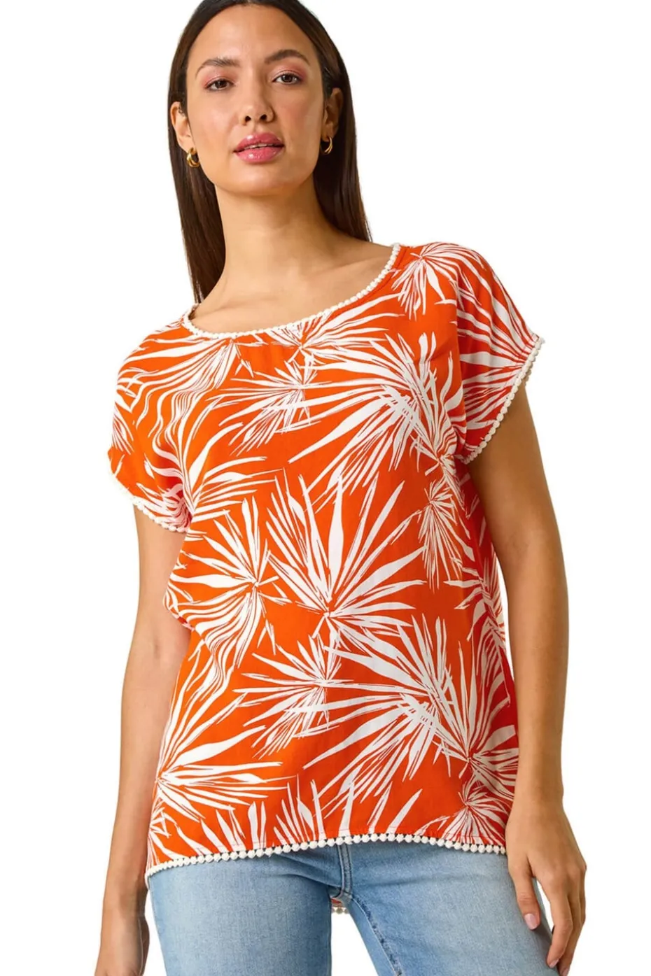 Roman Orange Leaf Print Bobble Trim Top