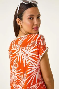 Roman Orange Leaf Print Bobble Trim Top