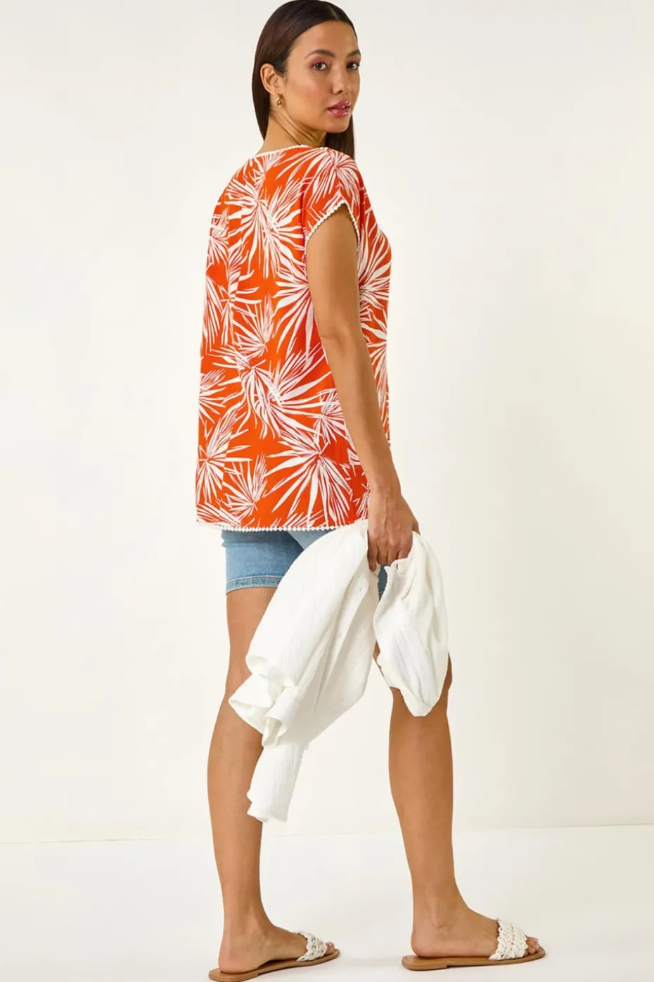 Roman Orange Leaf Print Bobble Trim Top