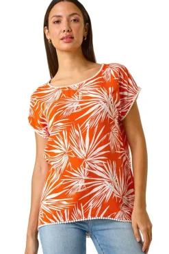 Roman Orange Leaf Print Bobble Trim Top
