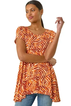 Roman Orange Leaf Print Hanky Hem Tunic Top