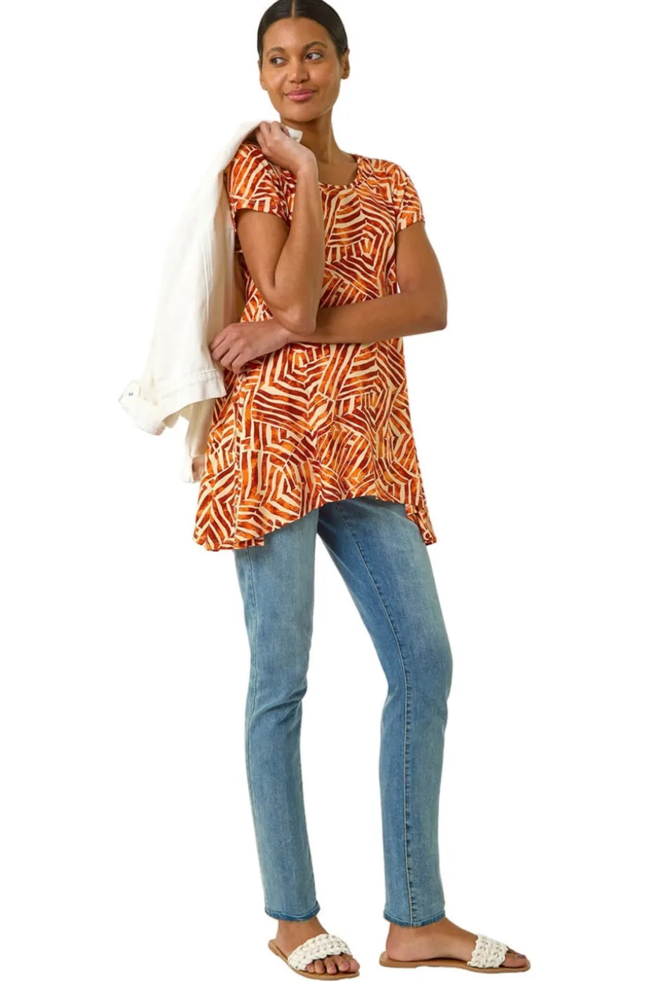 Roman Orange Leaf Print Hanky Hem Tunic Top