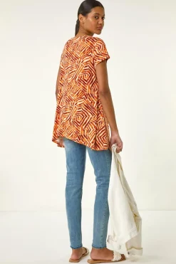 Roman Orange Leaf Print Hanky Hem Tunic Top