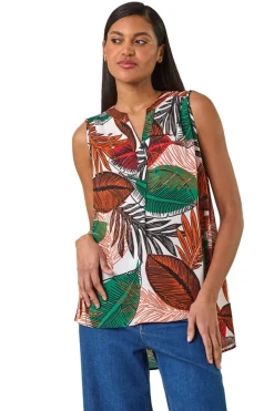 Roman Orange Leaf Print Pleated Vest Top