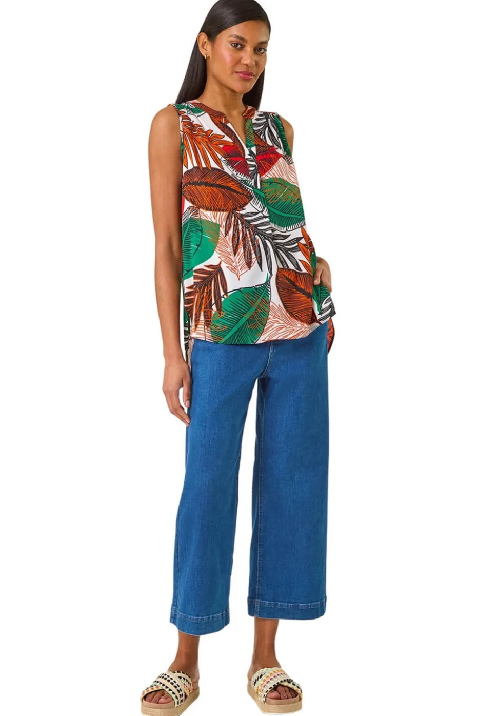 Roman Orange Leaf Print Pleated Vest Top