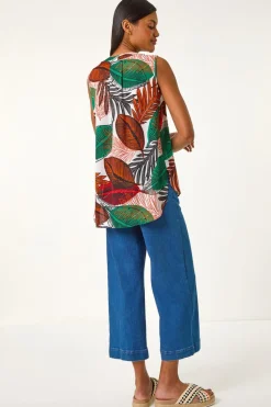 Roman Orange Leaf Print Pleated Vest Top