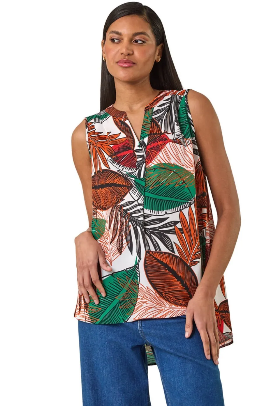 Roman Orange Leaf Print Pleated Vest Top