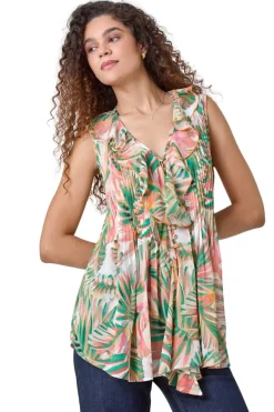 Roman Orange Leaf Print Ruffle Front Buttoned Blouse