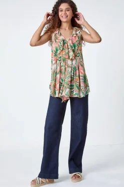 Roman Orange Leaf Print Ruffle Front Buttoned Blouse