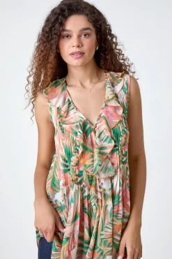 Roman Orange Leaf Print Ruffle Front Buttoned Blouse