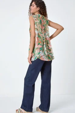 Roman Orange Leaf Print Ruffle Front Buttoned Blouse