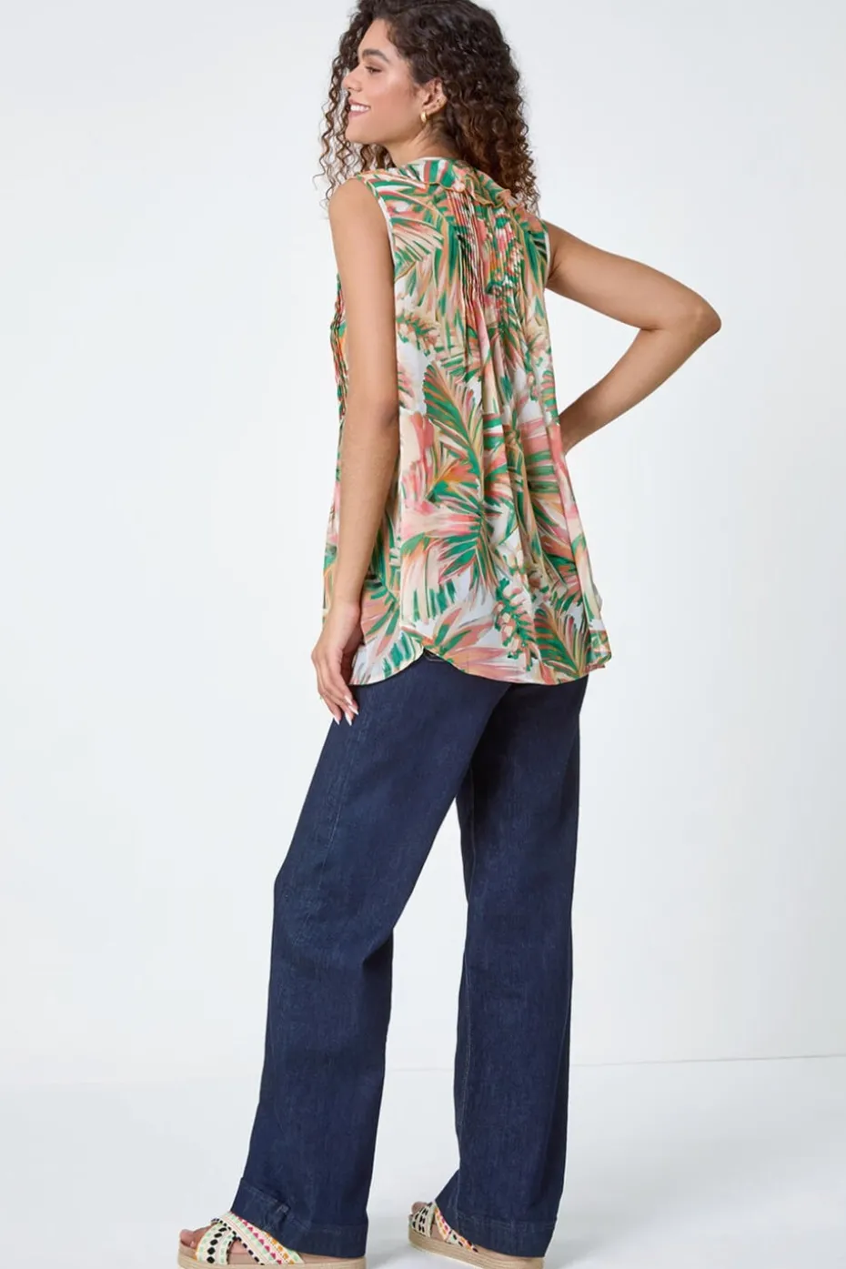 Roman Orange Leaf Print Ruffle Front Buttoned Blouse