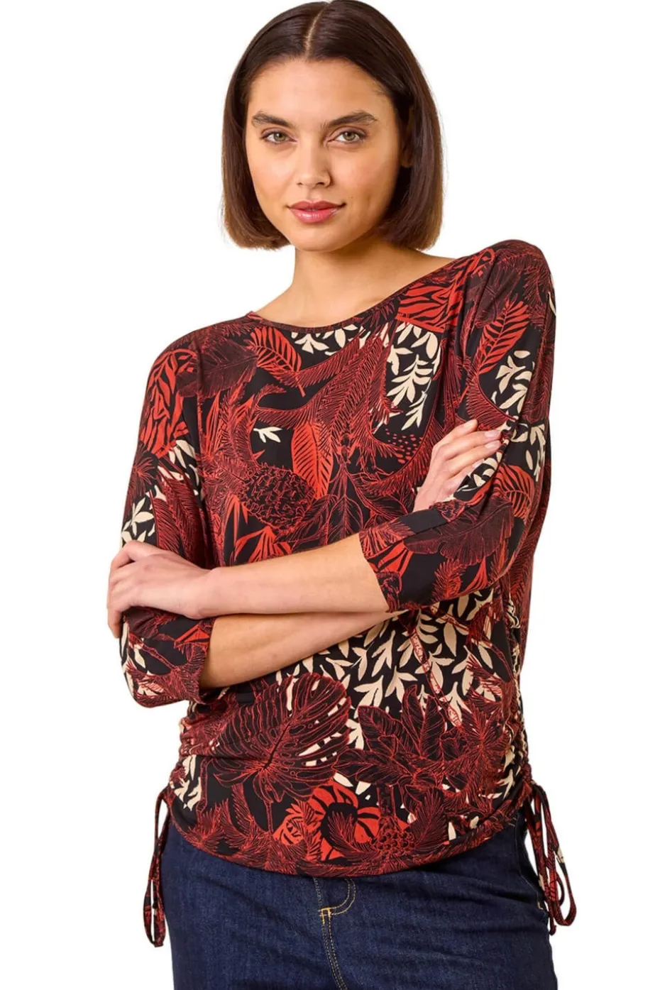 Roman Orange Leaf Print Side Tie Stretch Top