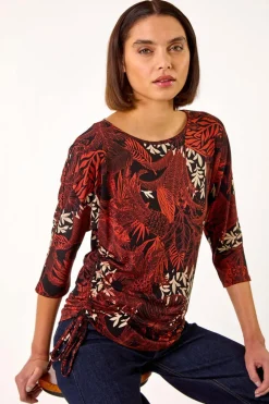 Roman Orange Leaf Print Side Tie Stretch Top
