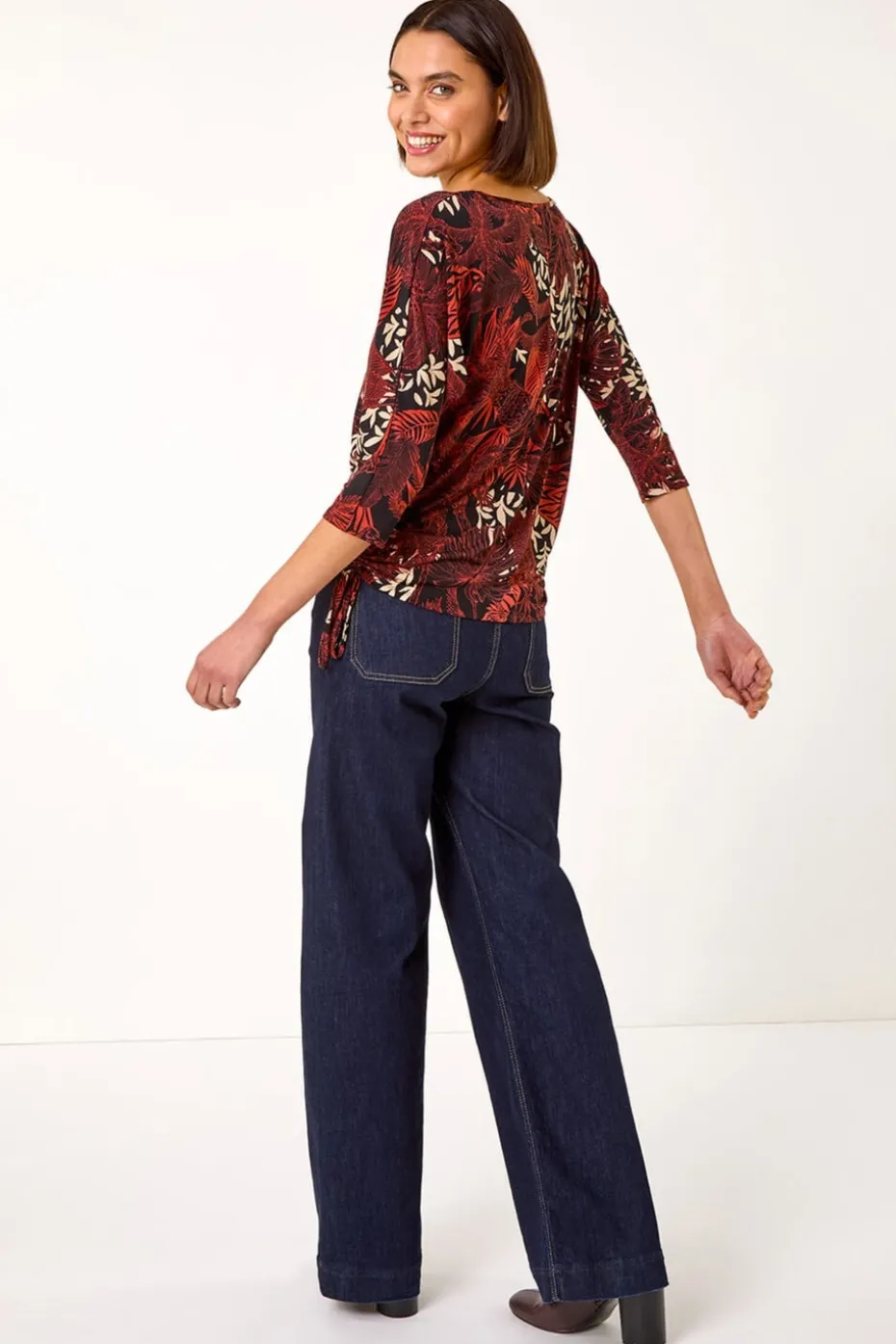 Roman Orange Leaf Print Side Tie Stretch Top