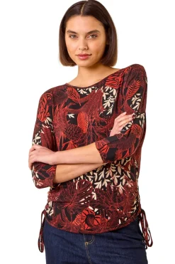 Roman Orange Leaf Print Side Tie Stretch Top