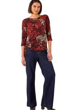 Roman Orange Leaf Print Side Tie Stretch Top