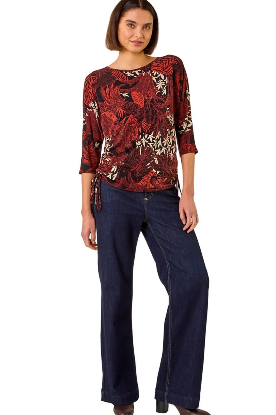 Roman Orange Leaf Print Side Tie Stretch Top