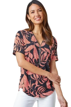 Roman Orange Leaf Print Zip Detail V-Neck Stretch Top